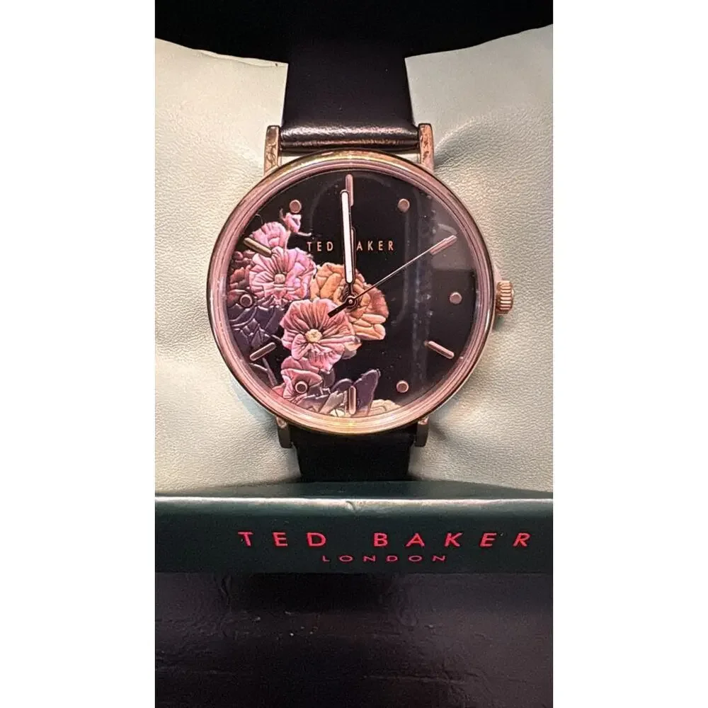 Ted Baker Women's Rose Gold Black Floral Face Leather Strap Watch